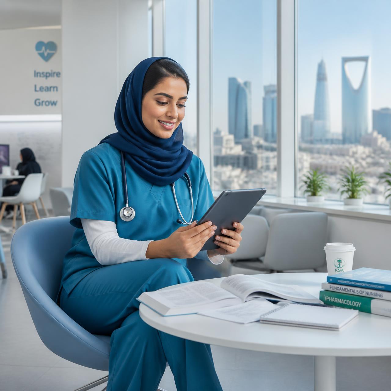 Saudi nurse in scrubs revising SNLE exam questions on a tablet with the Riyadh skyline behind her